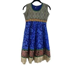Indian Dress Girls Brocade Blue Floral Beaded Fit Flare Knee Size 34 Youth Large